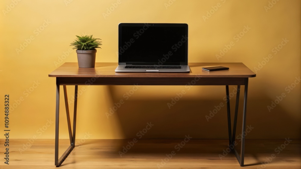Fototapeta premium Minimalist Workspace with Laptop, Plant, and Phone on Wooden Desk