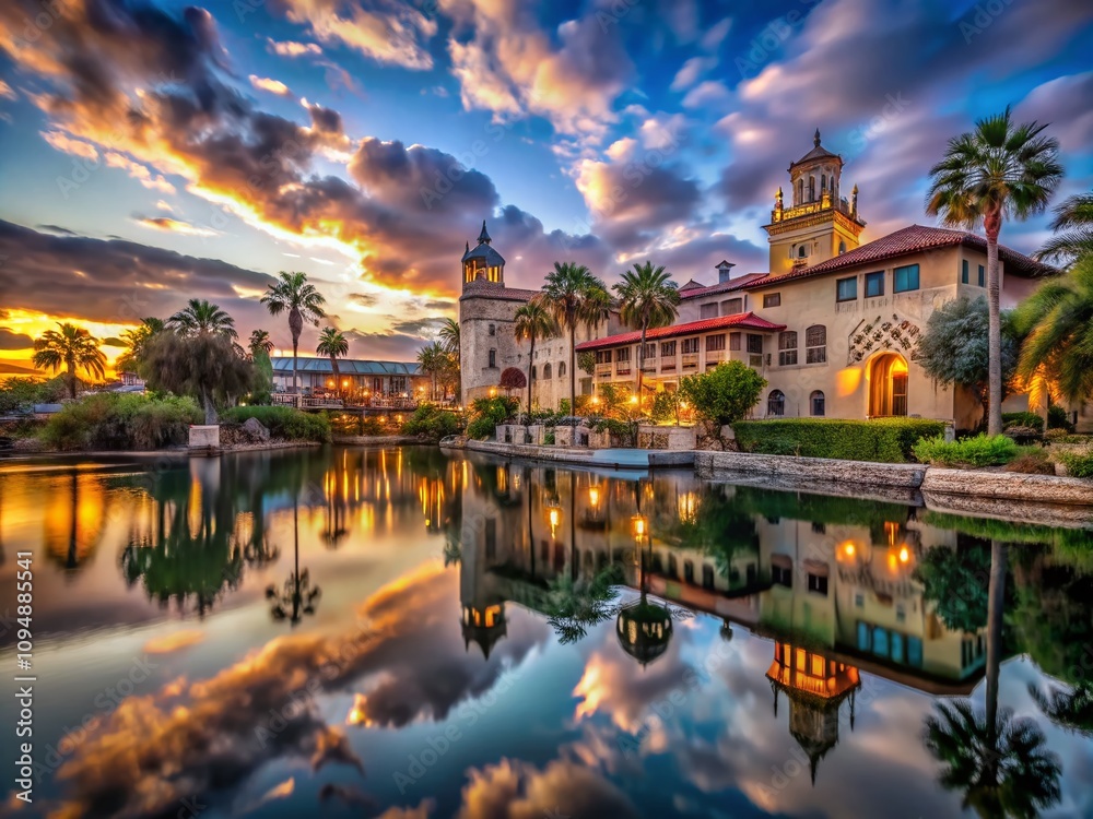 Captivating Long Exposure of the Historic Mission Inn Bathed in Twilight Glow with Reflections on the Water Creating a Timeless Atmosphere of Elegance and Charm