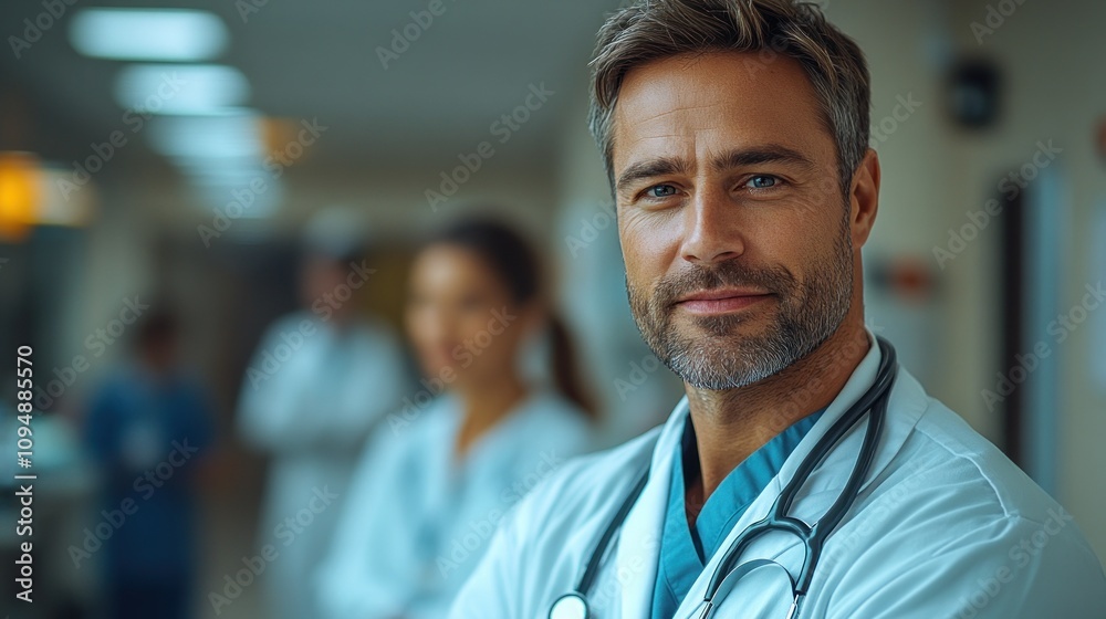 Charming doctor in scrubs with stethoscope Charming doctor in scrubs with stethoscope