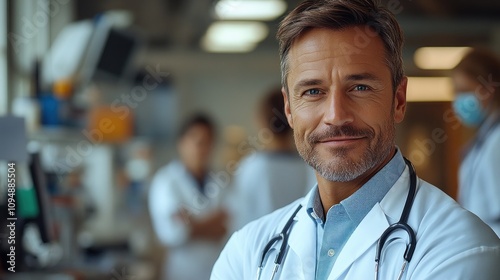 Smiling doctor in white coat with stethoscope