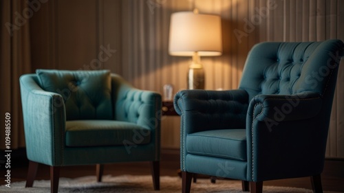 Here's a description and keywords for your stock photo.. Two teal button-tufted armchairs sit near a lamp in a dimly lit room.