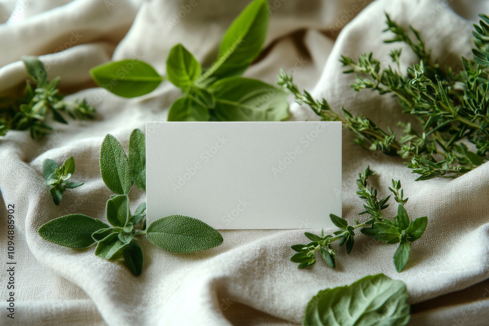 Blank card nestled amongst fresh herbs on a beige linen fabric. The vibrant green of the herbs contrasts beautifully with the neutral background, creating a serene and natural aesthetic. Blank card nestled amongst fresh herbs on a beige linen fabric. The vibrant green of the herbs contrasts beautifully with the neutral background, creating a serene and natural aesthetic.