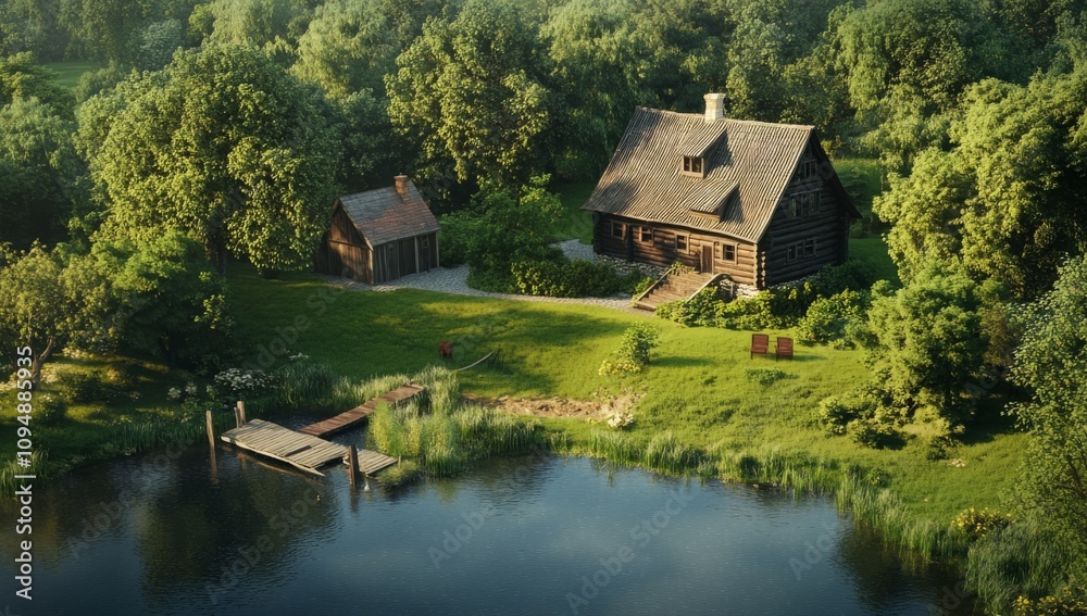 Traditional Polish Wooden House Near Lake with Barn, Lush Trees, Dock, and Large Lawn Traditional Polish Wooden House Near Lake with Barn, Lush Trees, Dock, and Large Lawn