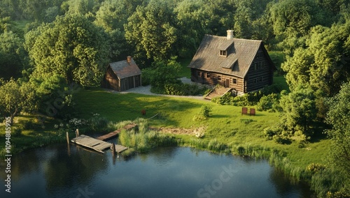 Traditional Polish Wooden House Near Lake with Barn, Lush Trees, Dock, and Large Lawn