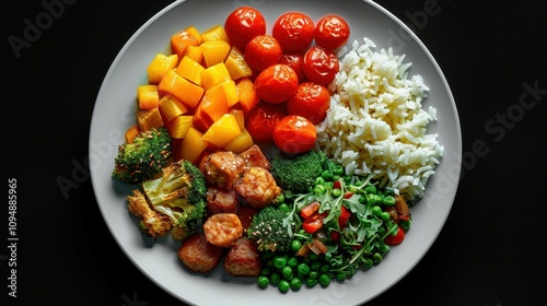 Vibrant vegetarian feast featuring colorful vegetables and rice in a beautifully arranged platter. Generative AI