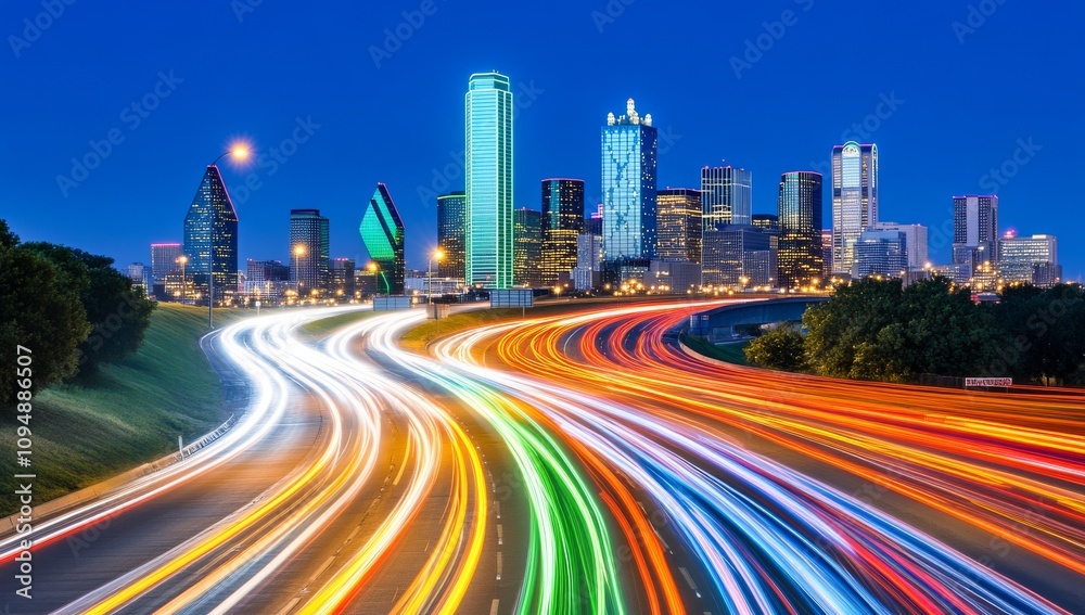 Fototapeta premium Wide-angle night view of city skyline with neon-lit urban streets