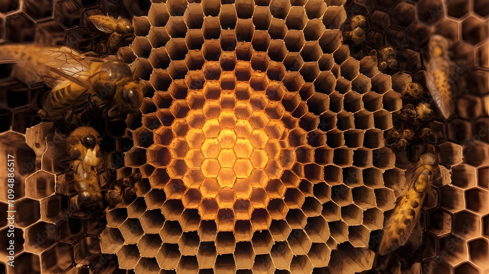 Abstract honeycomb filled with golden liquid, surreal perspective Abstract honeycomb filled with golden liquid, surreal perspective
