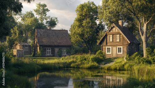 Traditional Wooden House with White Windows on the Edge of an Ancient Pond in a Baltic Environment