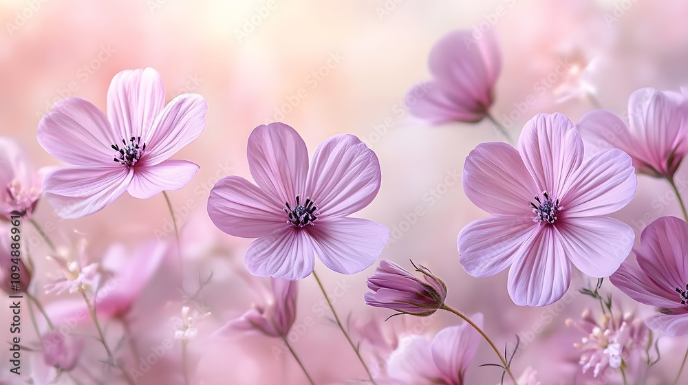 Delicate purple blooms against soft pink gradient create dreamy floral scene with ethereal atmosphere and romantic mood in panoramic macro photography.