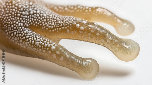 A close-up of a frogâ€™s foot, showing the details of its webbed toes on a white background photo