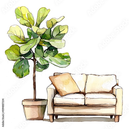 Watercolor painting of a beige sofa and a ficus lyrata plant in a terracotta pot. photo