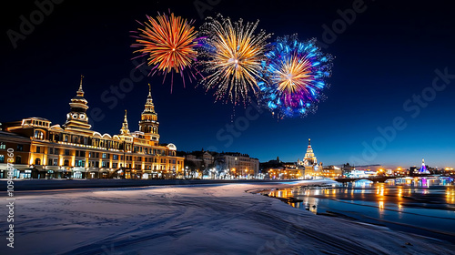 Winter holiday stock illustrations for postcards. Fireworks illuminate night sky over cityscape, showcasing vibrant colors and reflections on water, creating festive atmosphere photo