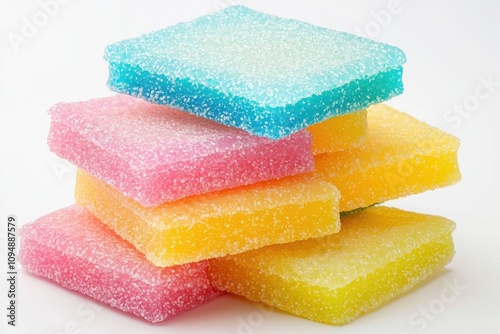Colorful gummy candies stacked on a white background.