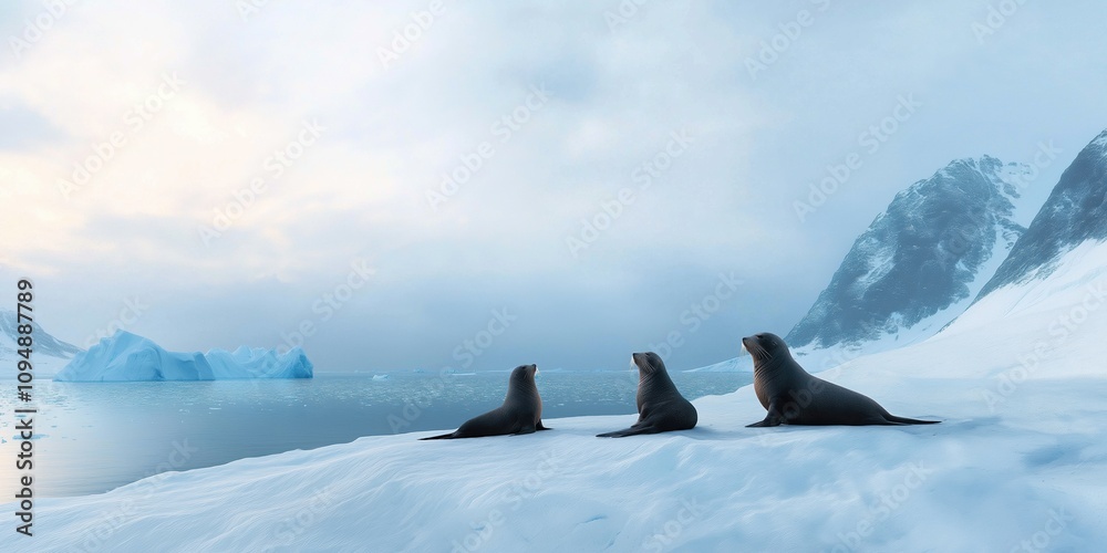 Fototapeta premium Three seals are sitting on the snow near the water. The scene is peaceful and serene, with the snow-covered mountains in the background