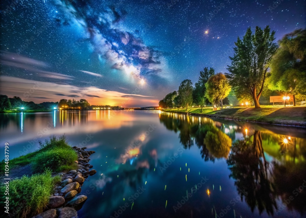 Captivating Long Exposure Scene at Leine Brogel Featuring Serene Waters and Lush Greenery Under a Starry Night Sky, Creating a Dreamy Atmosphere and Ethereal Light Trails Captivating Long Exposure Scene at Leine Brogel Featuring Serene Waters and Lush Greenery Under a Starry Night Sky, Creating a Dreamy Atmosphere and Ethereal Light Trails