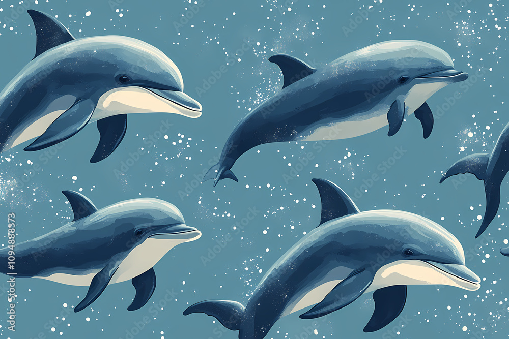 Obraz premium On a pastel blue background, small silhouettes of dolphins are arranged in a pattern