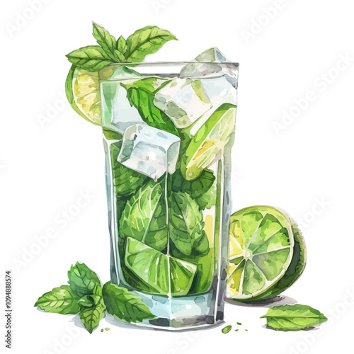 A watercolor painting of Mojito Cocktail, isolated on a white background. Mojito Cocktail vector.