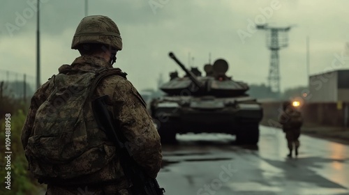 Backview of soldier with tank in the distance