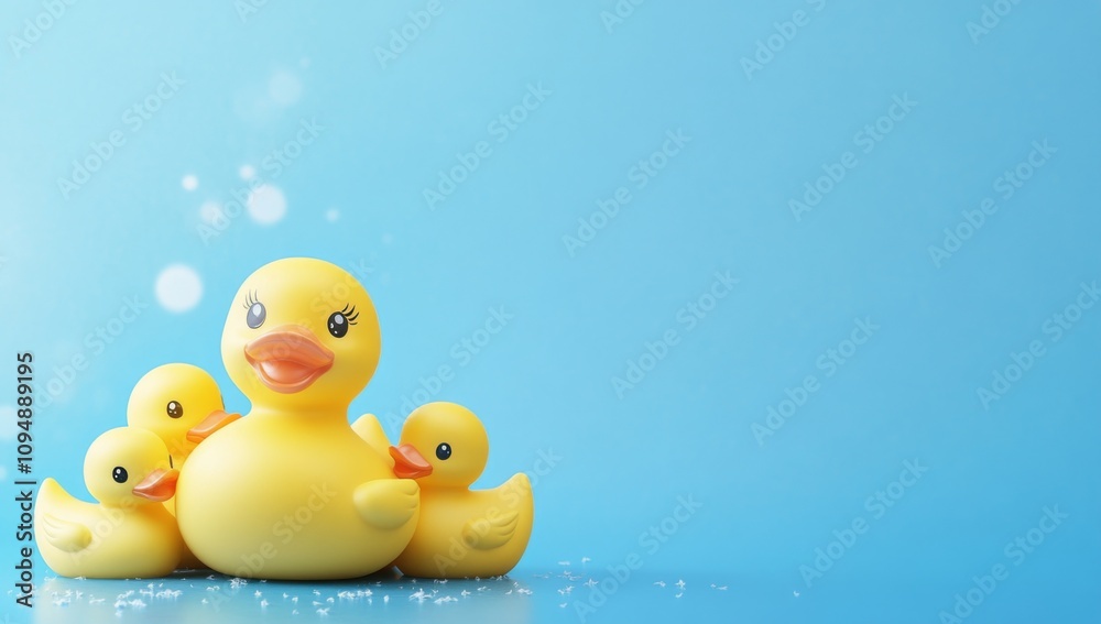 Yellow Rubber Duck with Three Smaller Ducks on Blue Background, Ideal for Copy Space Yellow Rubber Duck with Three Smaller Ducks on Blue Background, Ideal for Copy Space