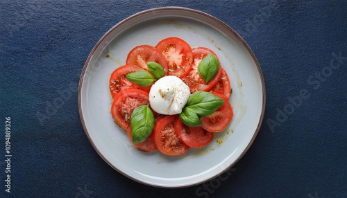 Caprese salad with tomatoes mozzarella burrata and basil on a dark background  photo