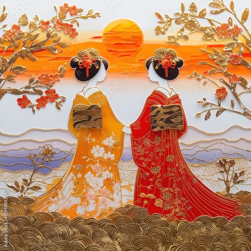 Two women in traditional kimonos against a sunset landscape, vibrant colors and details.