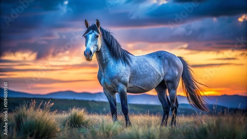 Captivating Low Light Photography of a Majestic Roan Blue Horse in a Serene Landscape, Showcasing Its Unique Coat and Graceful Stance Amidst the Gentle Glow of Dusk