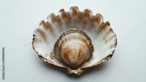 A single shellfish with its shell open, revealing the delicate creature inside on a white background