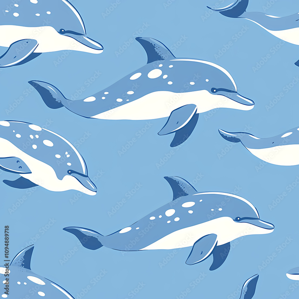 Obraz premium On a pastel blue background, small silhouettes of dolphins are arranged in a pattern