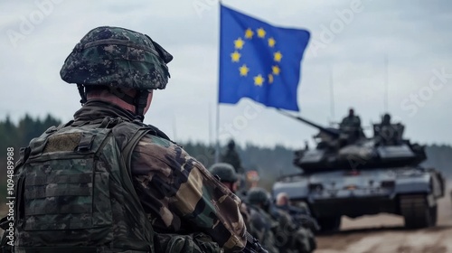 Soldiers with European Flag in Action on Battlefield