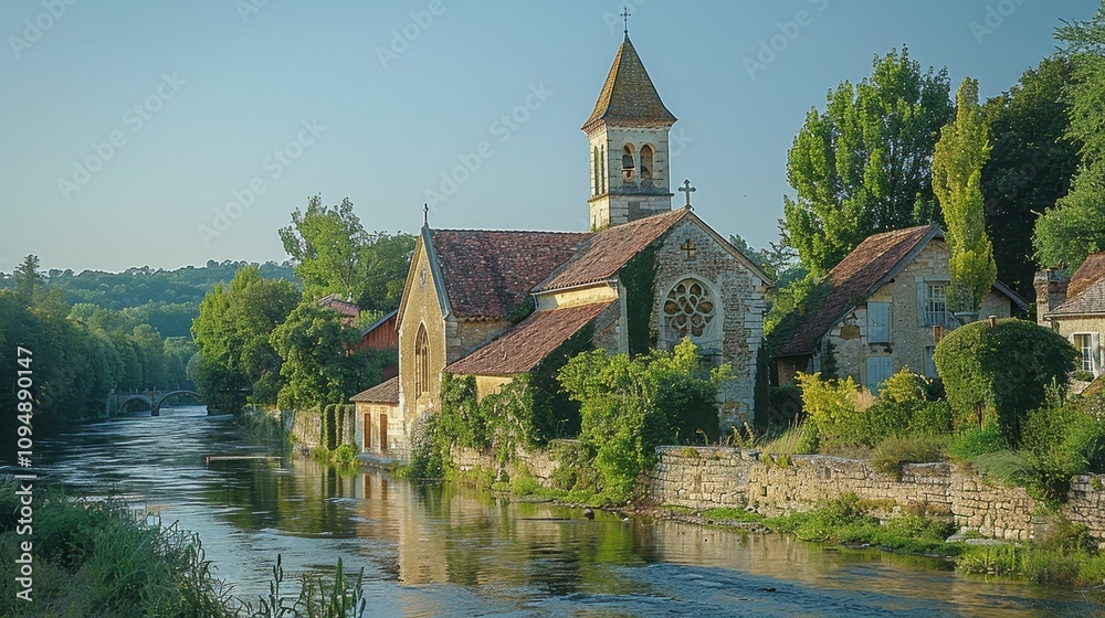 Fototapeta premium Serenity of an ancient village by the riverside under the soft glow of dusk. Generative AI