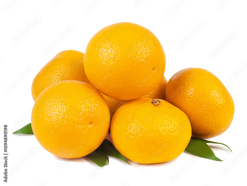 A fresh pile of ripe oranges with green mint leaves arranged on a white background showcasing vibrant colors and natural beauty A fresh pile of ripe oranges with green mint leaves arranged on a white background showcasing vibrant colors and natural beauty