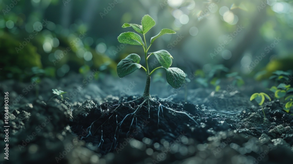 A young plant emerges from fertile soil, symbolizing growth and renewal in nature. A young plant emerges from fertile soil, symbolizing growth and renewal in nature.