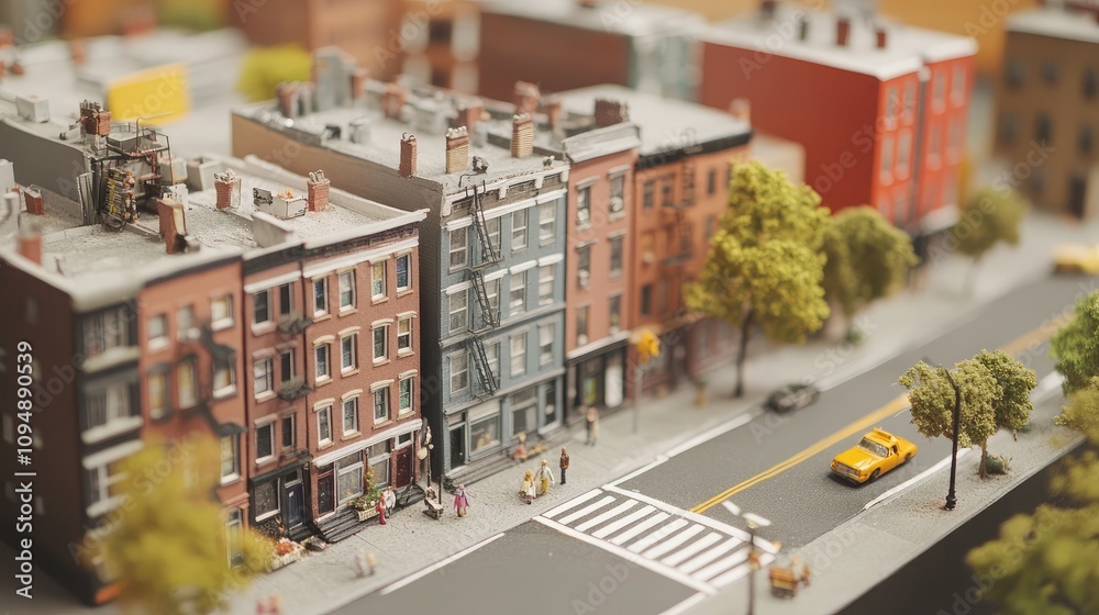 Fototapeta premium A Miniature Cityscape Featuring Charming Brownstone Buildings and Lively Streets Filled with People, Trees, and Yellow Taxicabs in a Detailed Urban Environment