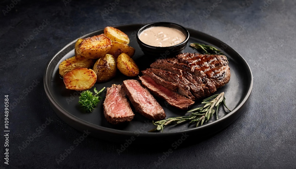 Grilled Steak Sliced and Served with Roasted Potatoes and a Rich Sauce on a Dark Stone Plate Grilled Steak Sliced and Served with Roasted Potatoes and a Rich Sauce on a Dark Stone Plate