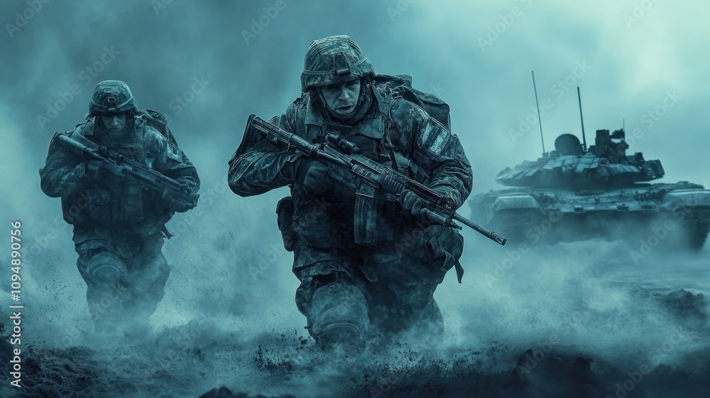 Soldiers advancing through foggy battlefield environment Soldiers advancing through foggy battlefield environment