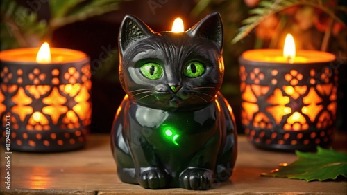 Black Cat Candle with Green Eyes and Flames