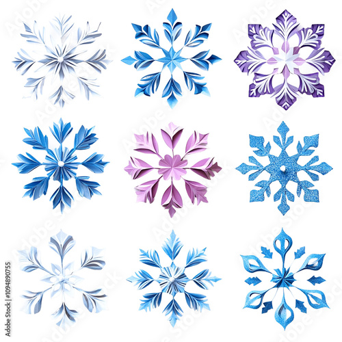 Magnificent Crafting paper snowflakes isolated on transparent background 