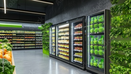 Modern grocery store interior with green plants, LED lighting, coolers for fruits, 