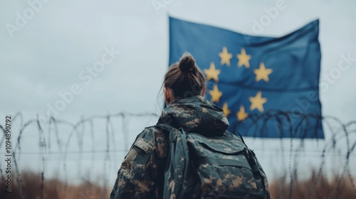 Female soldier with EU flag in barbed wire setting