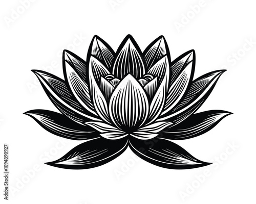 A lotus lily water flower in a vintage woodcut eng raving style, vector, black and white