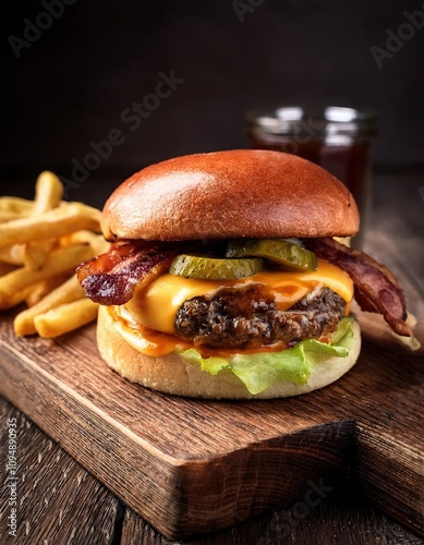 Juicy Bacon Cheeseburger with Crispy Fries and Pickles on Rustic Wooden Board