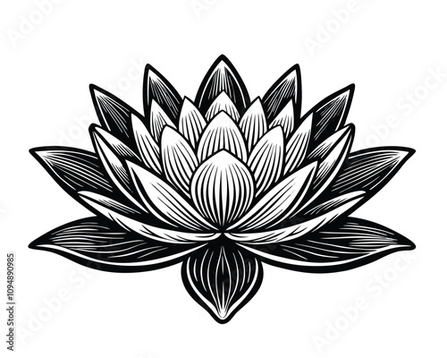 A lotus lily water flower in a vintage woodcut eng raving style, vector, black and white