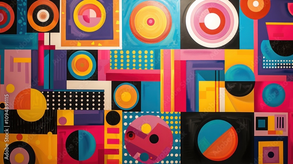 A vibrant abstract mural featuring geometric shapes and bold colors. A vibrant abstract mural featuring geometric shapes and bold colors.