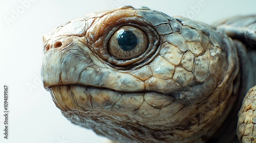 A close-up of a turtleâ€™s head with a textured pattern on its skin and eyes wide open on a white background photo