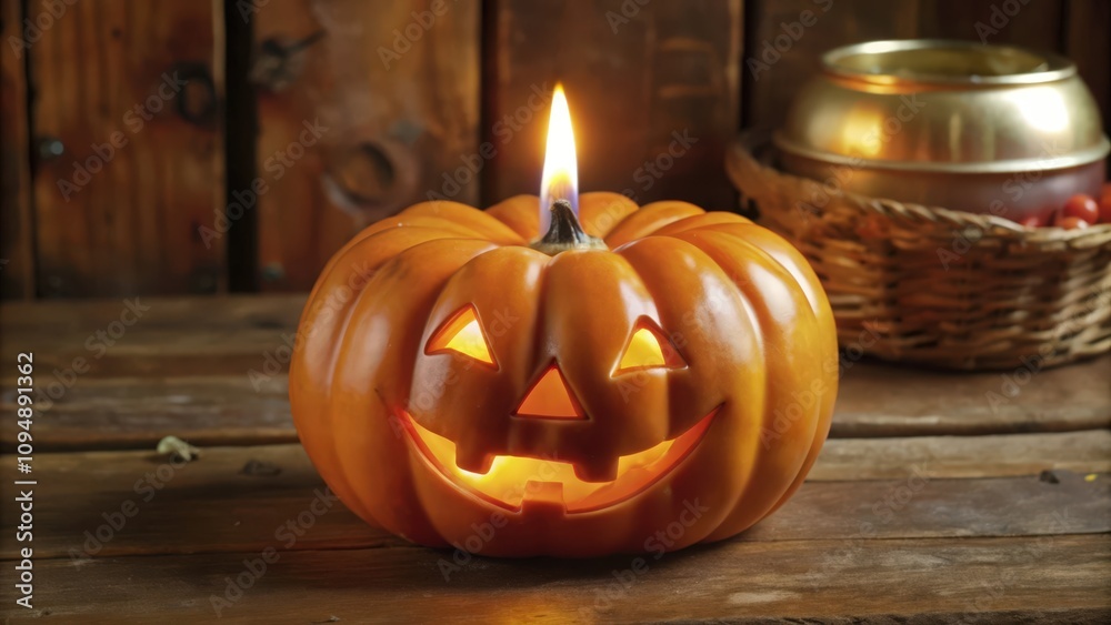Lit Jack-o'-lantern with a Grinning Face on a Wooden Table Lit Jack-o'-lantern with a Grinning Face on a Wooden Table