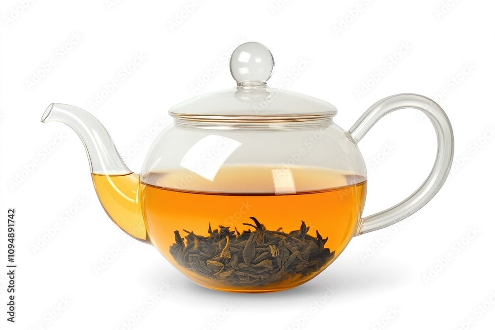 A clear glass teapot filled with aromatic herbal tea, showcasing the beautiful color and rich texture of the leaves. A clear glass teapot filled with aromatic herbal tea, showcasing the beautiful color and rich texture of the leaves.