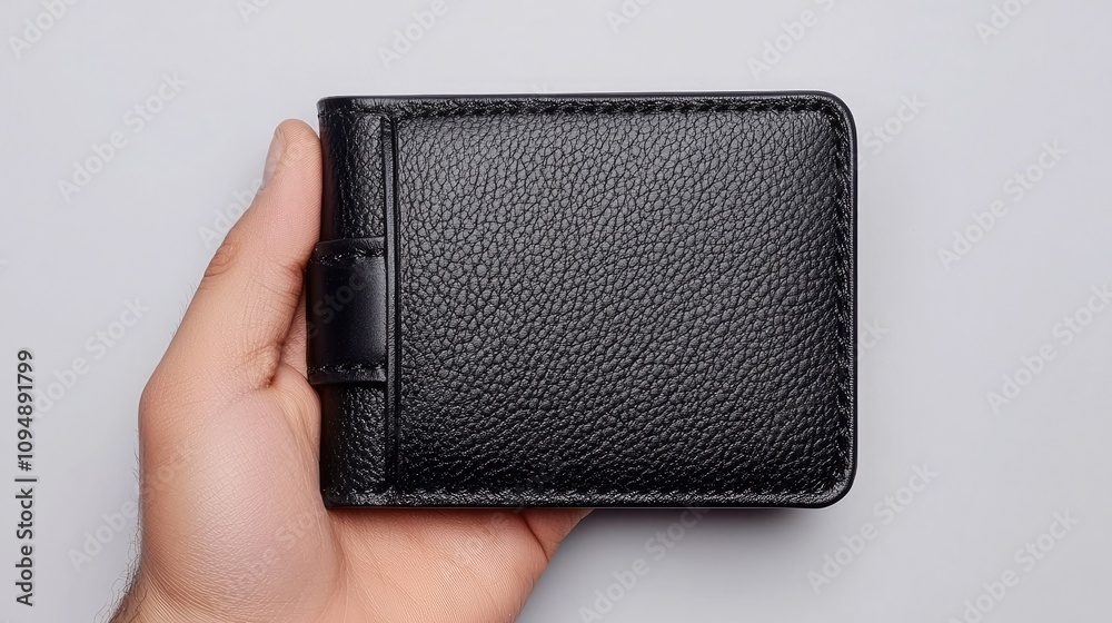 Naklejka premium A close-up of a hand holding a sleek black wallet, showcasing a modern design and premium craftsmanship for daily use.