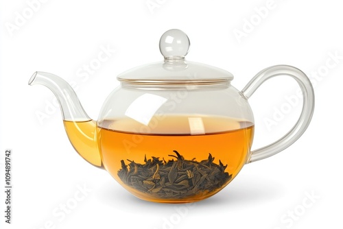 A clear glass teapot filled with aromatic herbal tea, showcasing the beautiful color and rich texture of the leaves.
