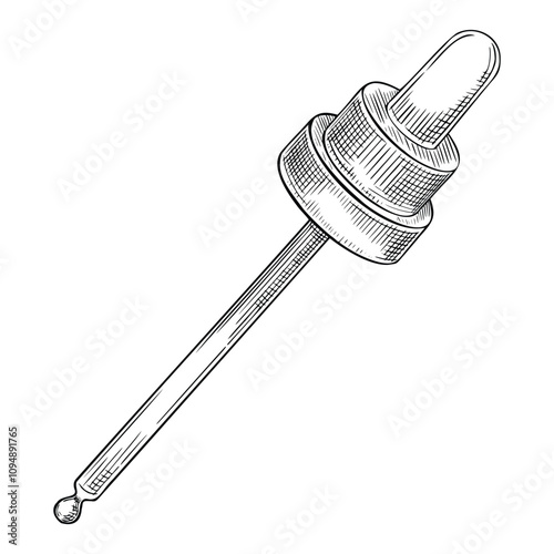 Vector illustration of vintage Dropper in linear style. Outline hand painted drawing of pipette for herbal medicine or essential oil design. Black etching of pipet for essence or aromatherapy.