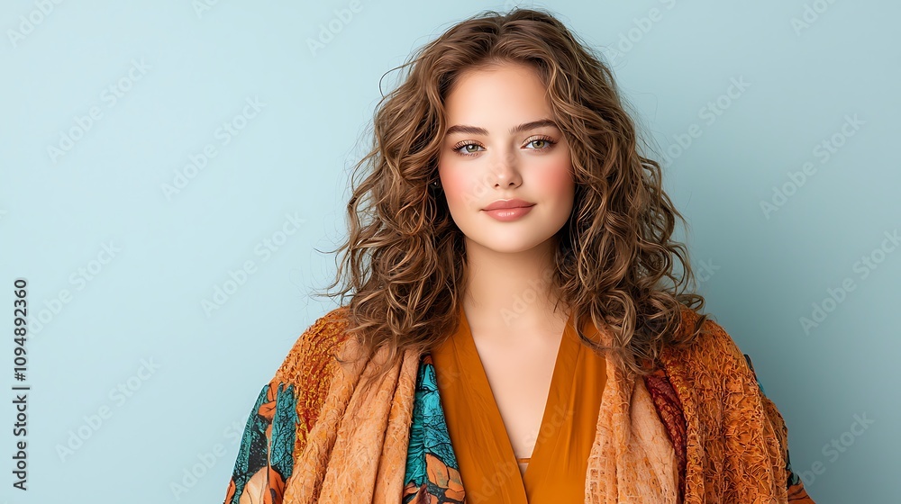 A confident curvy model showcases a stunning collection of vibrant autumn fashion pieces against a solid colored background, exuding elegance and glamour in every pose. A confident curvy model showcases a stunning collection of vibrant autumn fashion pieces against a solid colored background, exuding elegance and glamour in every pose.